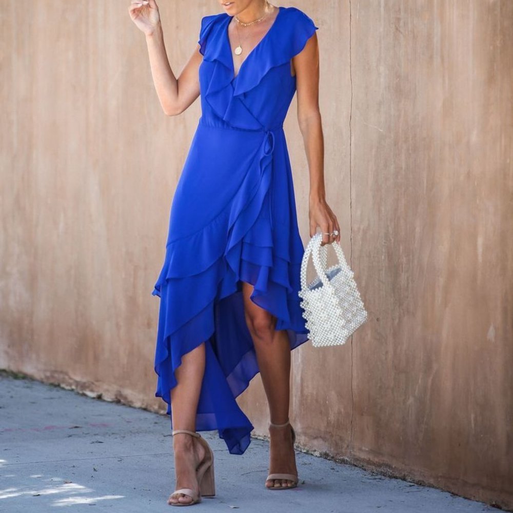 Cobalt Infatuate Ruffle Wrap Asymmetrical Dress